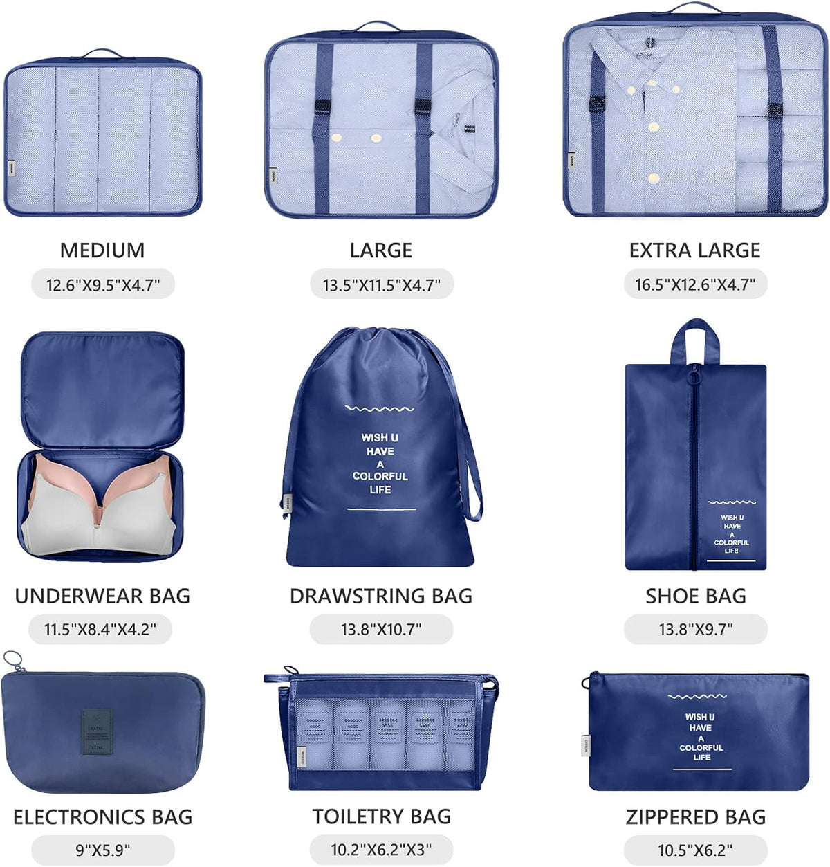 Mossio 9 Set Packing Cubes with Shoe Bag & Electronics Bag - Luggage Organizers Suitcase Travel Accessories