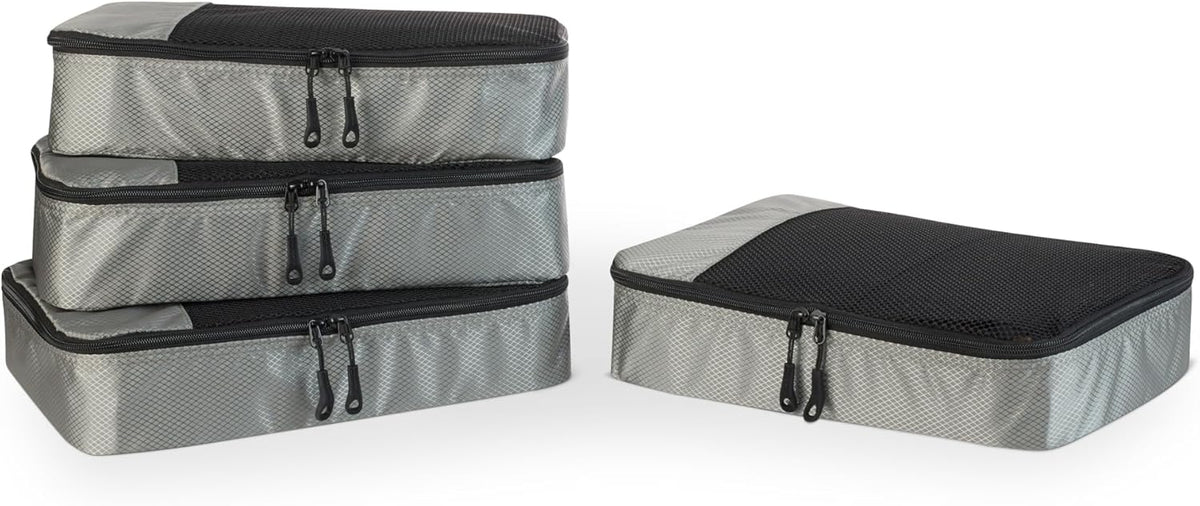Amazon Essentials 4-Piece Packing Cubes Travel Accessories Set, Space-Saving Luggage Organizer with Double Zipper, Mesh Top Panel, Medium, Gray (Previously Amazon Basics)
