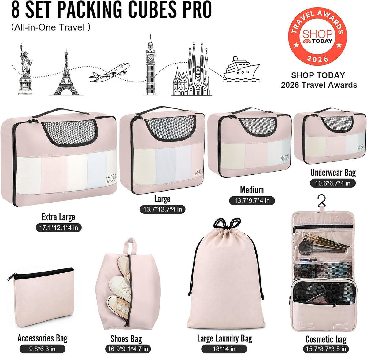 Veken 8 Set Packing Cubes for Travel Essentials, Suitcase Organizer Bags in 4 Sizes, Carry-On Luggage Accessories with Laundry Bag, Airplane Must Have, Gifts for Women Men