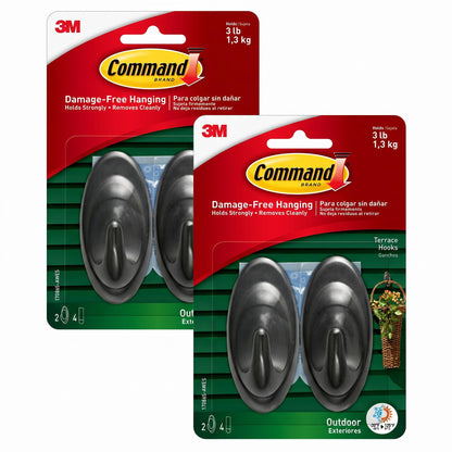 Command Outdoor Terrace Hooks, 2 Hooks and 4 Strips, Damage-Free Hanging Wall Hook for Hanging Back to School Decorations with Weather Resistant Strips, Holds up to 3 lb