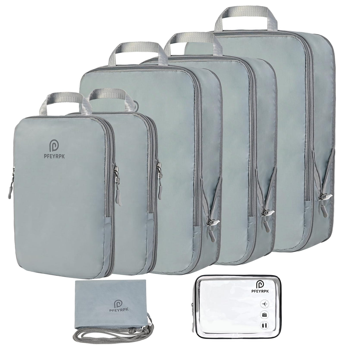 PFEYRPK Lightweight Compression Packing Cubes for Suitcases, Compressible Expandable Travel Packing Organizer with Clear Toiletries and Backpack Bag, Travel Essentials for Carry on Luggage 7 Set