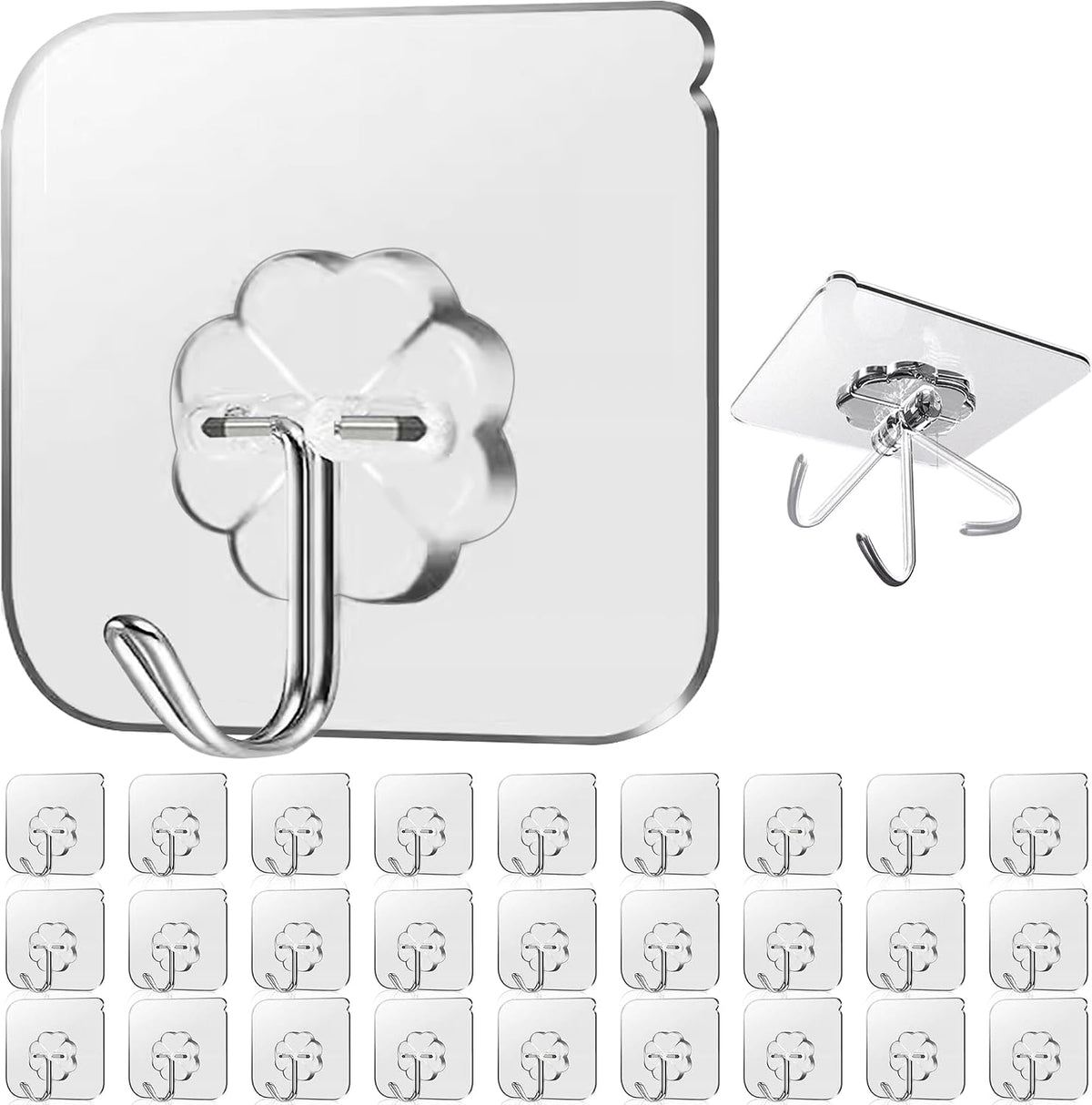 28 Pack Sticky Hooks for Hanging Heavy Duty, Wall Hooks Adhesive, Clear self Adhesive Hooks for Wall, Kitchen, Bathroom, Shower & Ceiling