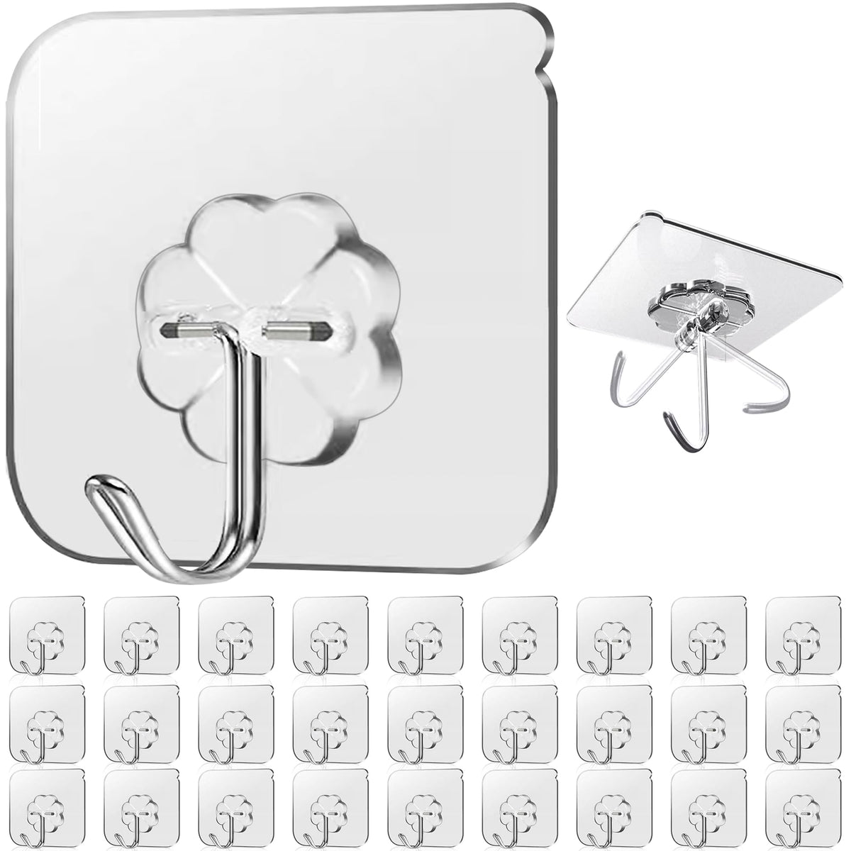 28 Pack Sticky Hooks for Hanging Heavy Duty, Wall Hooks Adhesive, Clear self Adhesive Hooks for Wall, Kitchen, Bathroom, Shower & Ceiling