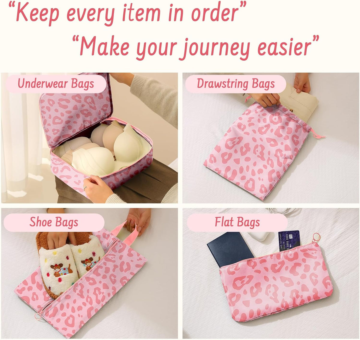 9 Set Packing Cubes for Travel Essentials - Lightweight Carry-On Luggage Organizer Bags with Shoe, Clothes & Laundry Bags for Airplane, Family & Business Travel, Pink leopard print