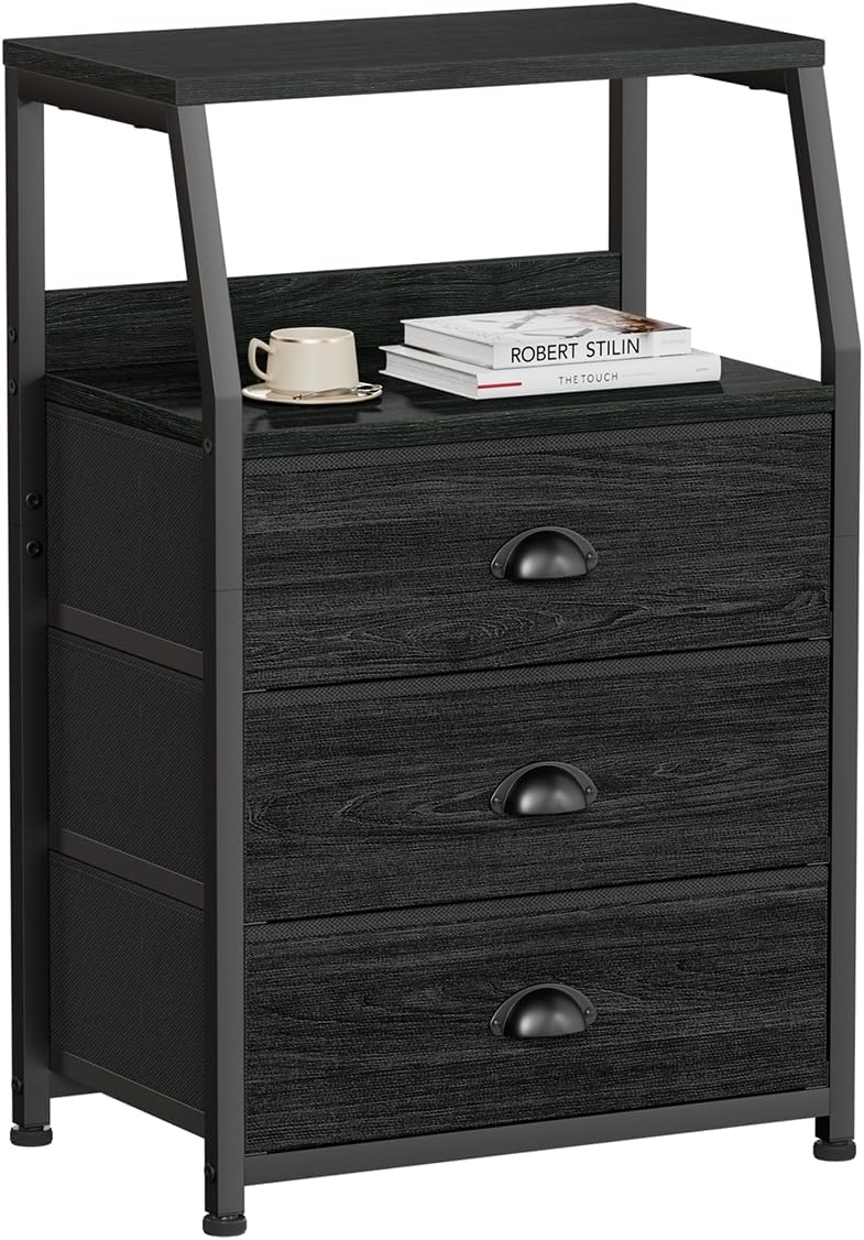 Furnulem Black Night Stand, Small Bedside Table for with 3 Fabric Drawers