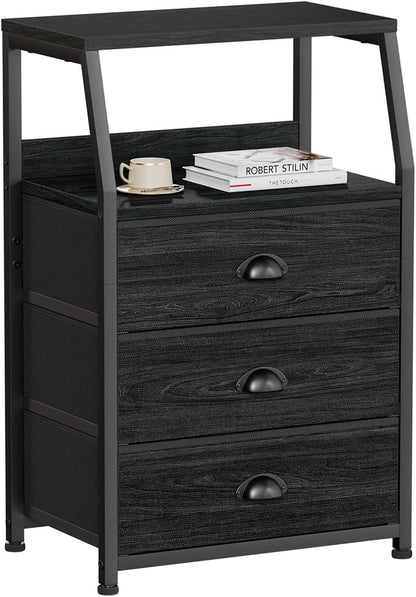 Furnulem Black Night Stand, Small Bedside Table for with 3 Fabric Drawers