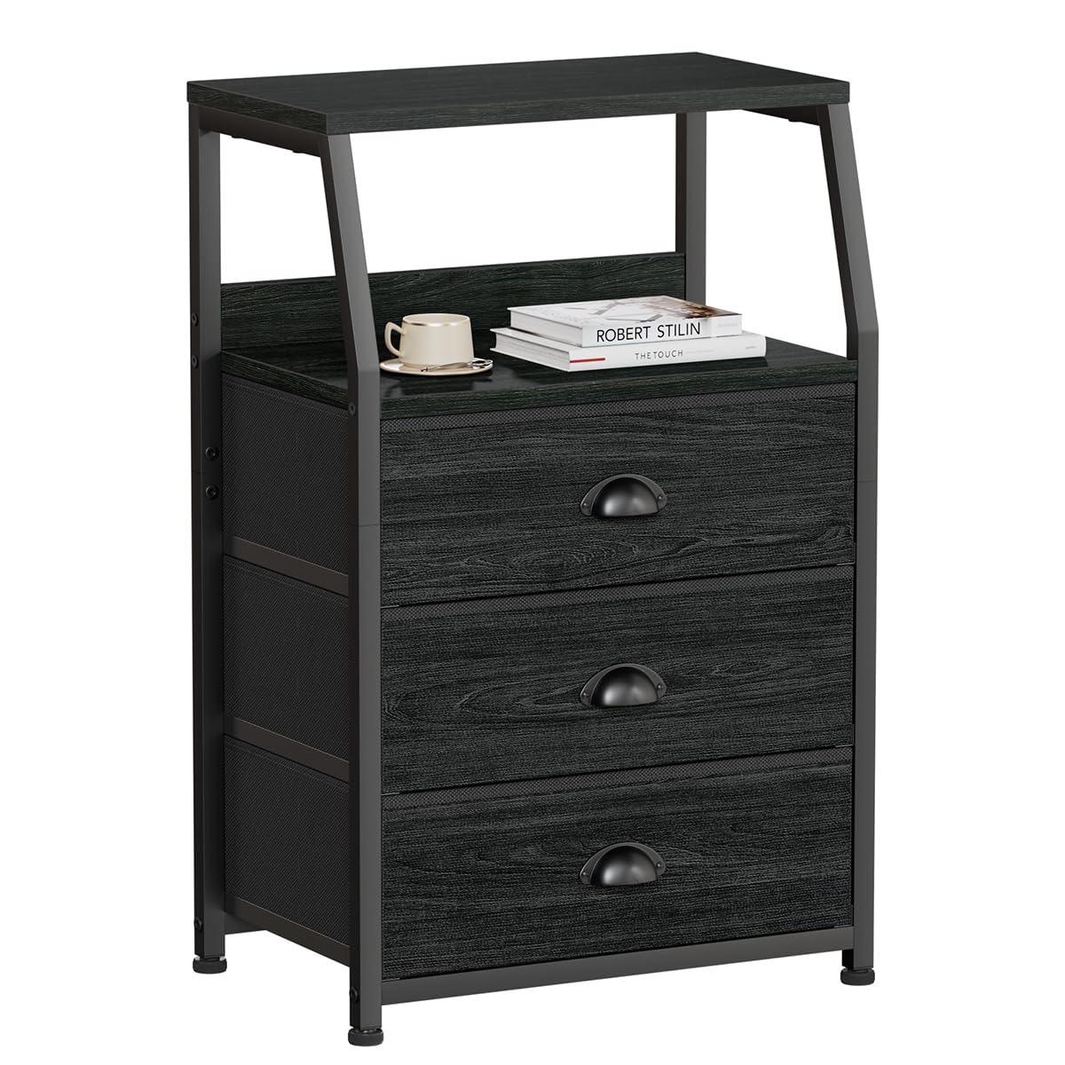 Furnulem Black Night Stand, Small Bedside Table for with 3 Fabric Drawers