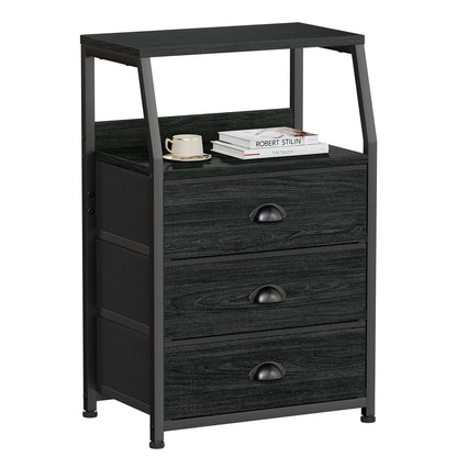 Furnulem Black Night Stand, Small Bedside Table for with 3 Fabric Drawers