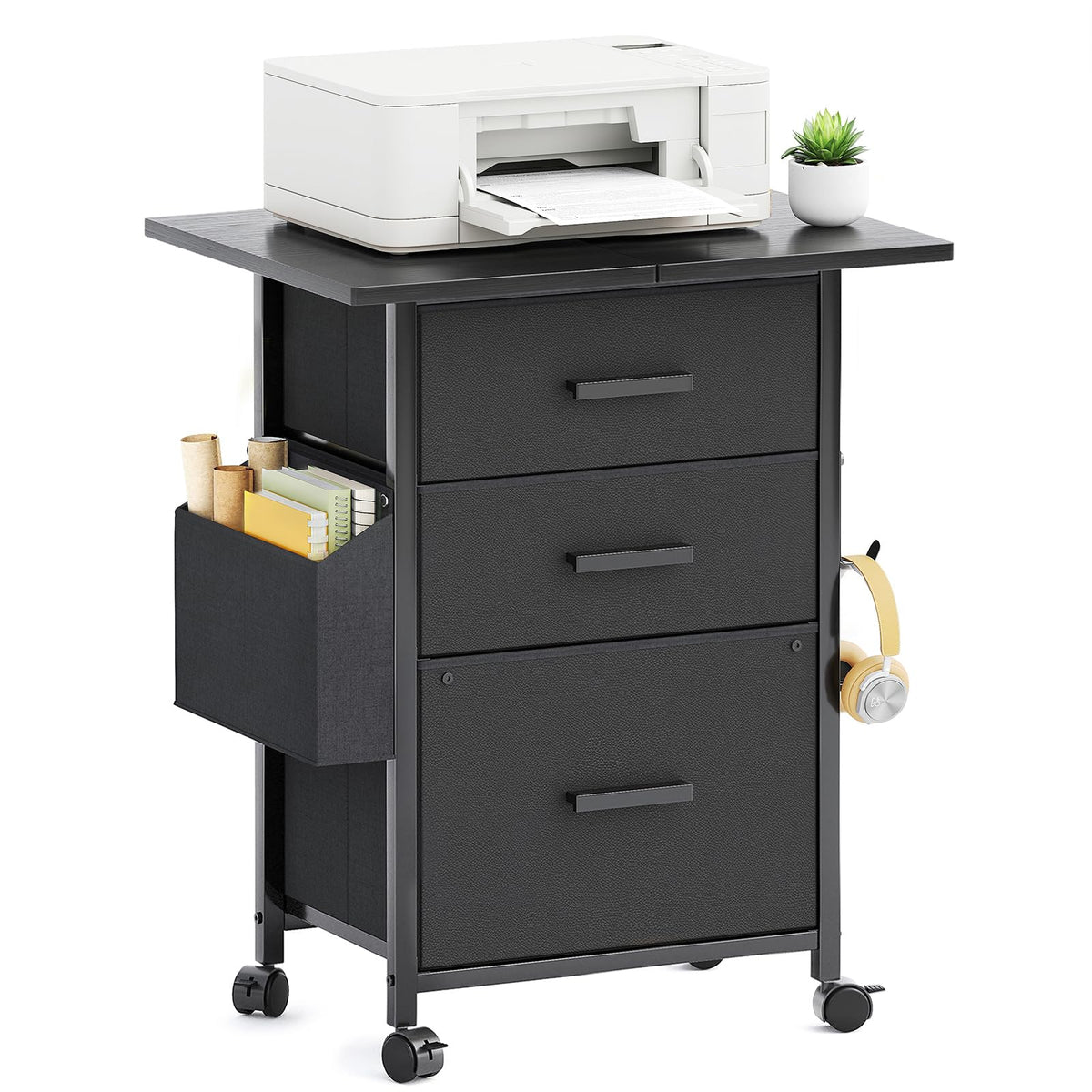 Mexin 3 Drawer File Cabinet with 22'' Extended Desktop, Mobile Filing Cabinet, Printer Stand, Rolling Printer Stand with Side Bag, Fabric Drawer, Fits A4 Size, Home Office,Rustic Brown