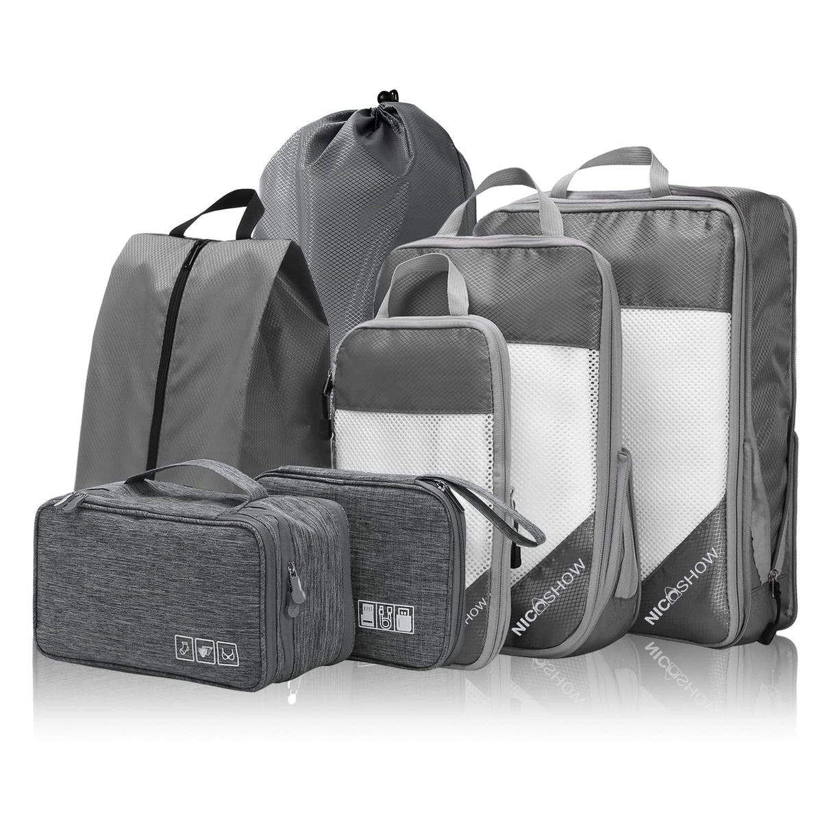 NICOSHOW 6 Set Compression Packing Cubes for Travel - Compressible, Lightweight, and Space-Saving Packing Cubes, Travel Essentials for Women, Grey