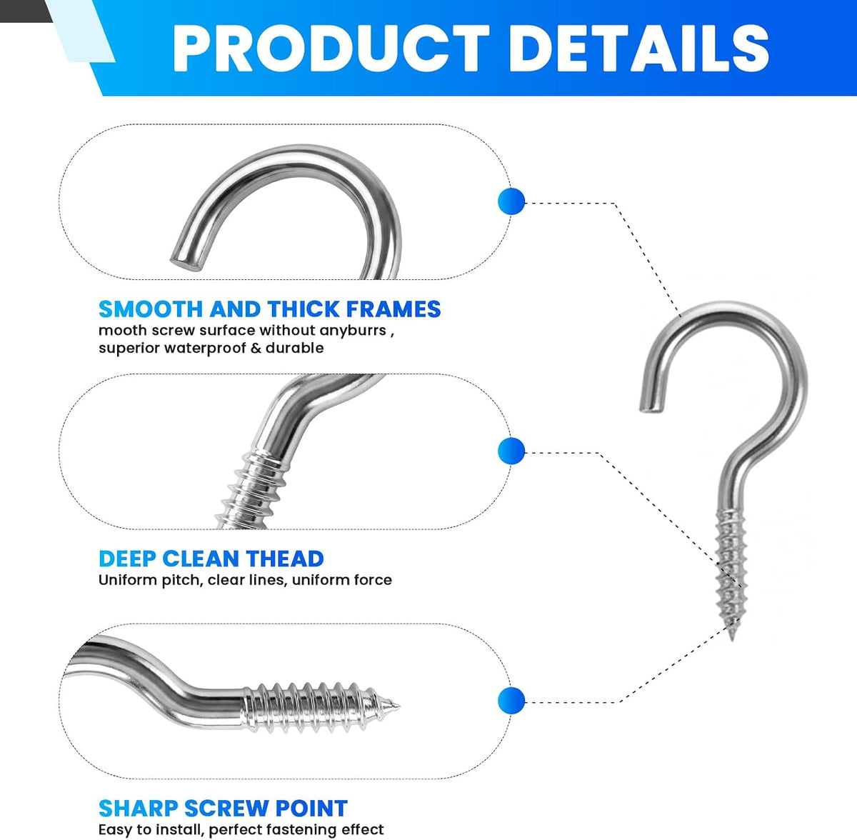 50 Pack 1 Inch Eye Bolts M2 Screw in Hooks,304 Stainless Steel Screw-in Hooks，Metal Ceiling Hooks，for Hanging Plants, Yoga, Lighting fixtures, Indoor and Outdoor use (50, M2-1inch)