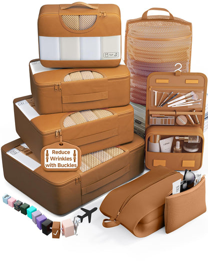 Veken 10 Set/8 Set Packing Cubes for Travel Essentials,Anti-Wrinkle Buckled Suitcase Organizer for Shoe & Toiletry Bag,Carry On Luggage Bag for Airplane & College Dorm Room Accessories,Women Men Gifts