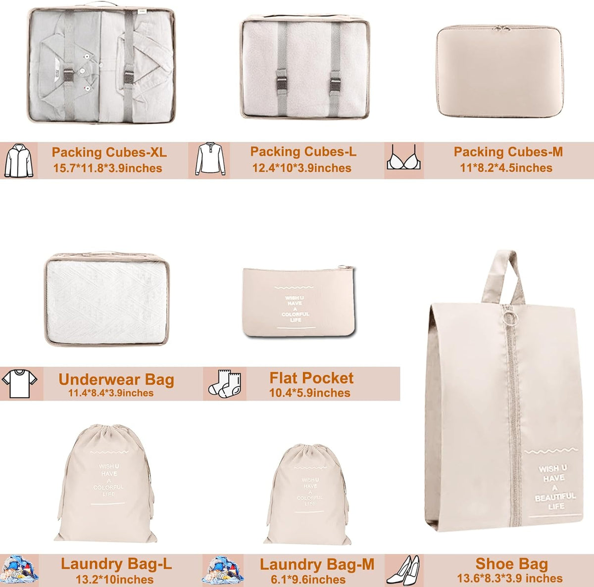 Packing Cubes for Travel 8 Set Luggage Organizer Bags