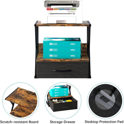 aboxoo Printer Stand for Desk with Storage Drawer, 2 Tier Desktop Or UnderDesk Shelf, Multi-Purpose Desk Organizer for Home Office, fit Fax Machine/3D Printer/Scanner, Rustic Brown