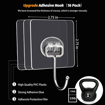 DKHDBD Adhesive Hooks 16 Pack 33lb Heavy Duty Waterproof