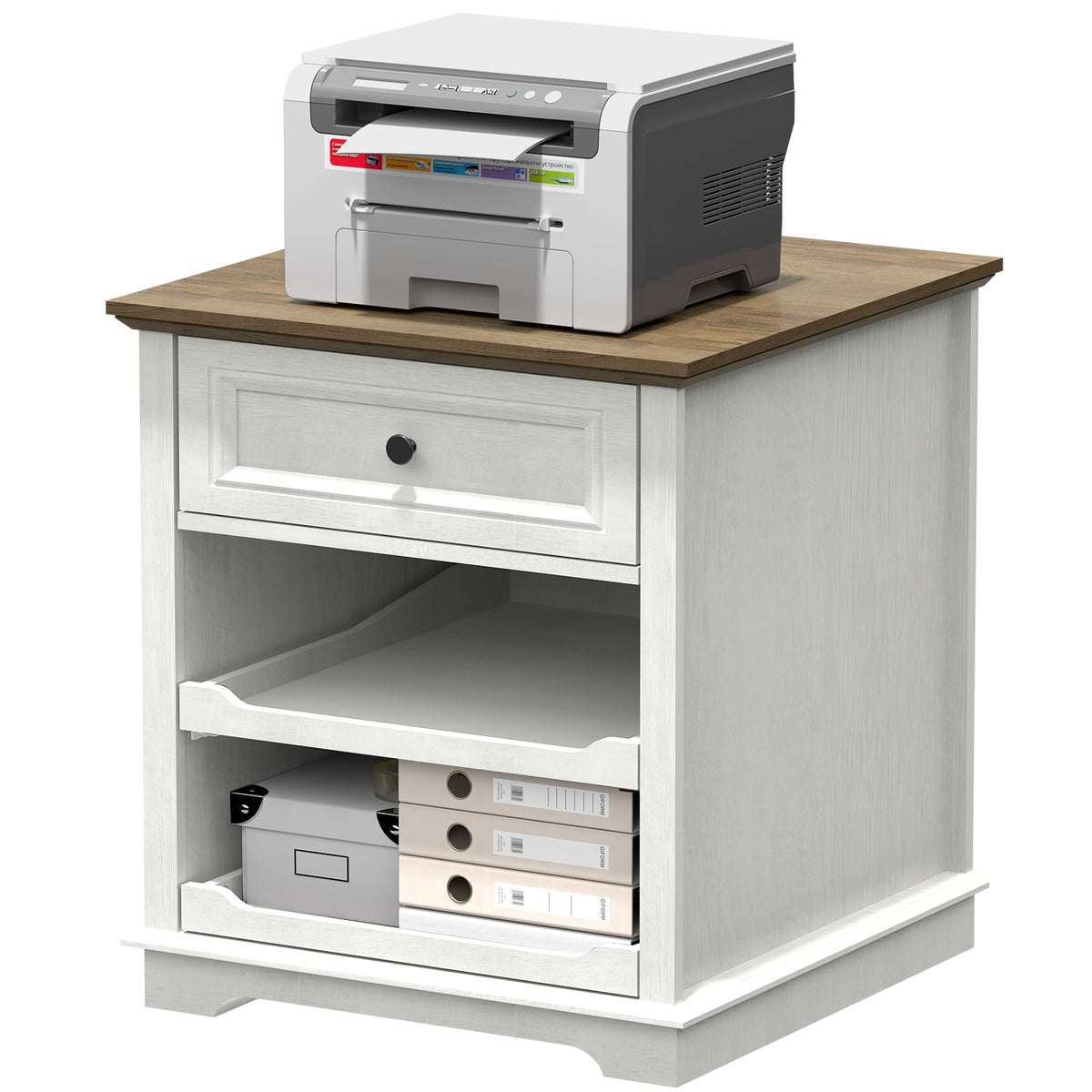 REDAYFUR Lateral File Cabinet 3 Drawer File Cabinet with Charging Station, Wood Lateral Filing Cabinet, Printer Stand with Open Adjustable Storage Shelves for Home Office, Cherry