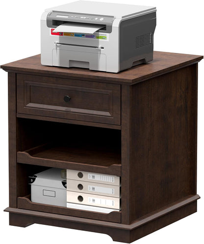 REDAYFUR Lateral File Cabinet 3 Drawer File Cabinet with Charging Station, Wood Lateral Filing Cabinet, Printer Stand with Open Adjustable Storage Shelves for Home Office, Cherry