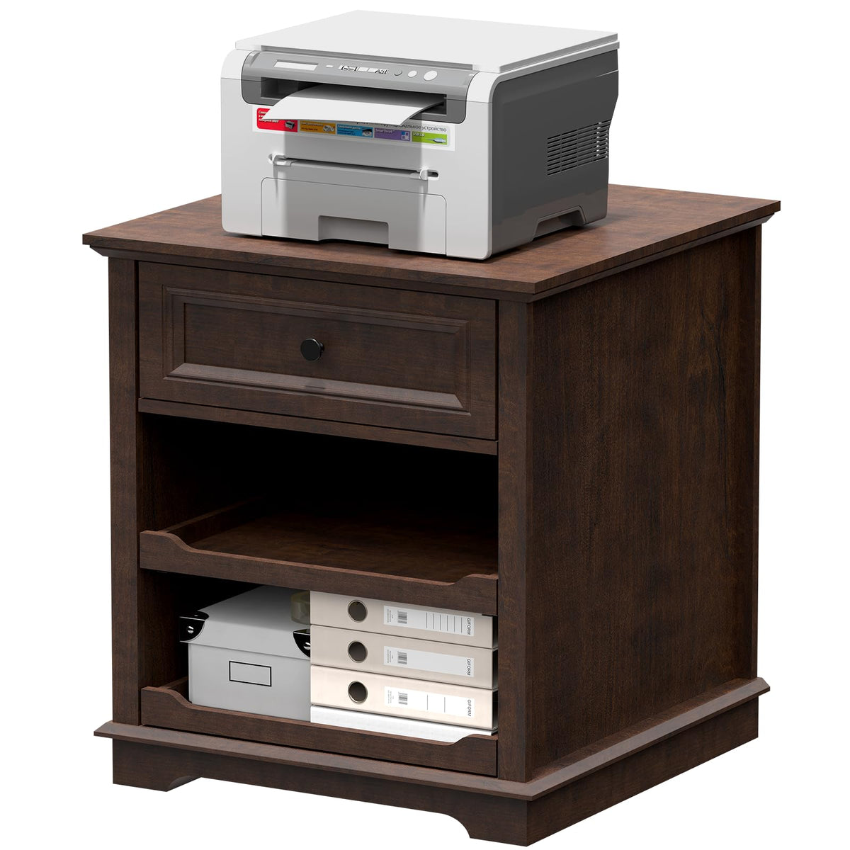 REDAYFUR Lateral File Cabinet 3 Drawer File Cabinet with Charging Station, Wood Lateral Filing Cabinet, Printer Stand with Open Adjustable Storage Shelves for Home Office, Cherry