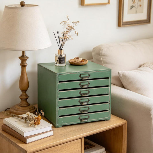 Vintage 6-Drawer Wooden Desktop Organizer Cabinet, Rustic Distressed Wood Card Catalog Cabinet, Antique Storage Box for Jewelry Cosmetics Craft Paper Home Office Decor (Green)