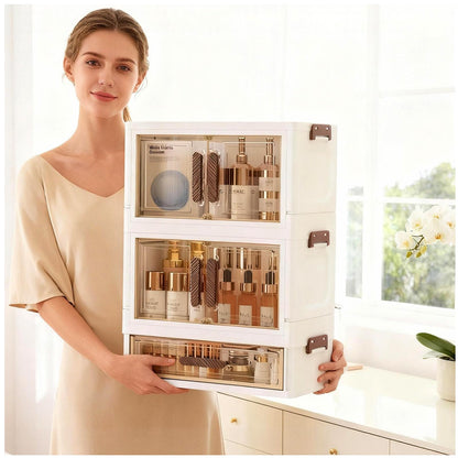 A stackable desktop organizer with drawers and compartments, ideal for storing cosmetics, beauty tools, jewelry, and school supplies in a student dorm. Features a convenient magnetic door handle.