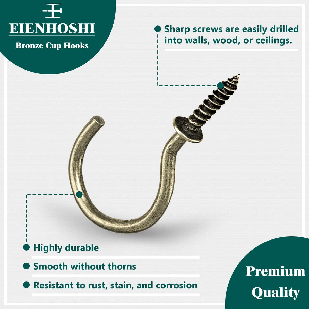 EIENHOSHI 105 Pcs Screw Hooks, 6 Sizes Bronze Cup Hooks, Screw Hooks for Hanging, Metal Cup Hooks Screw in (1/2", 5/8", 3/4", 7/8", 1'', 1-1/4")