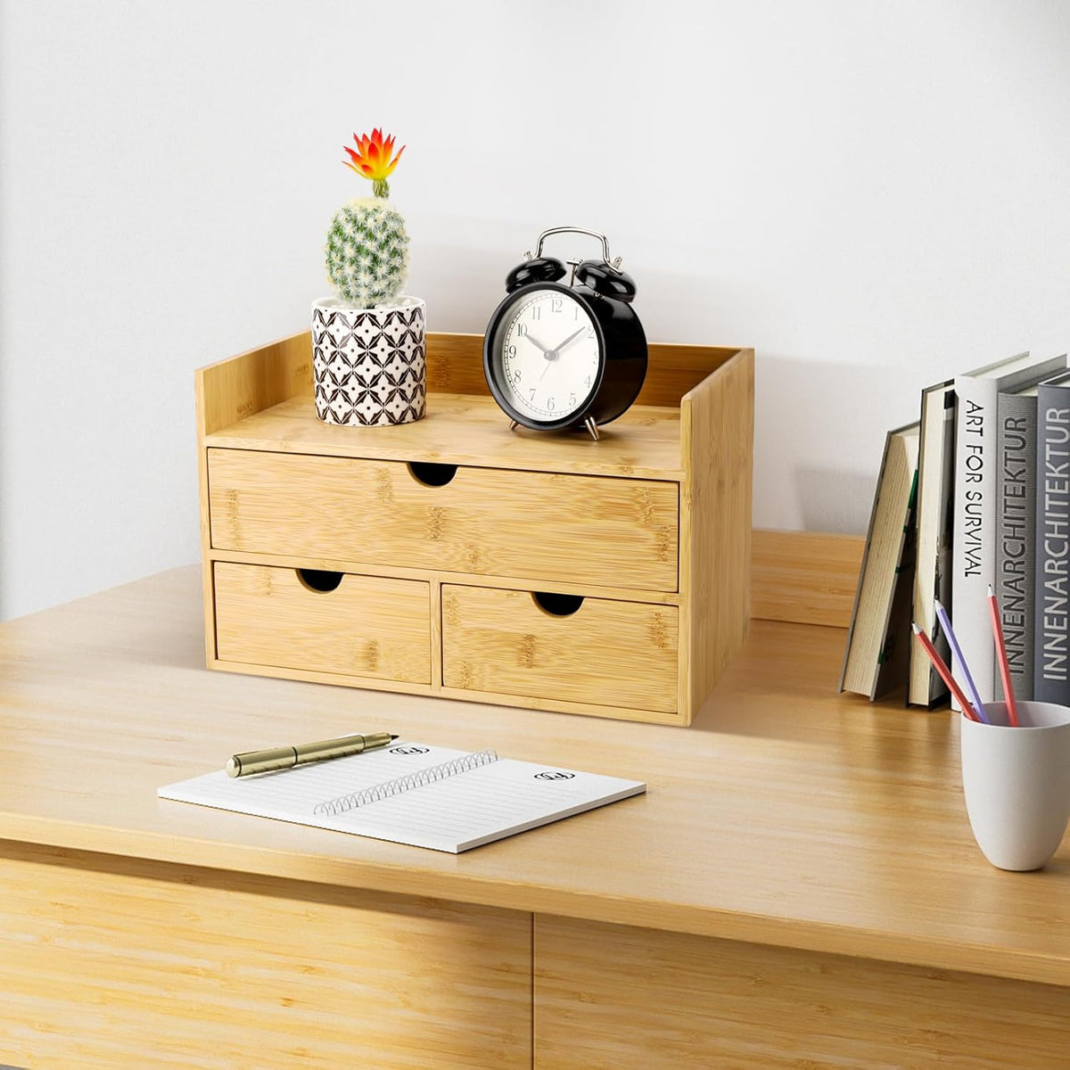 Charmewooden Bamboo Desk Organizer With Drawers Countertop Drawers Counter Storage Box Corner Desk Organizer for Home Office No Assembly Required