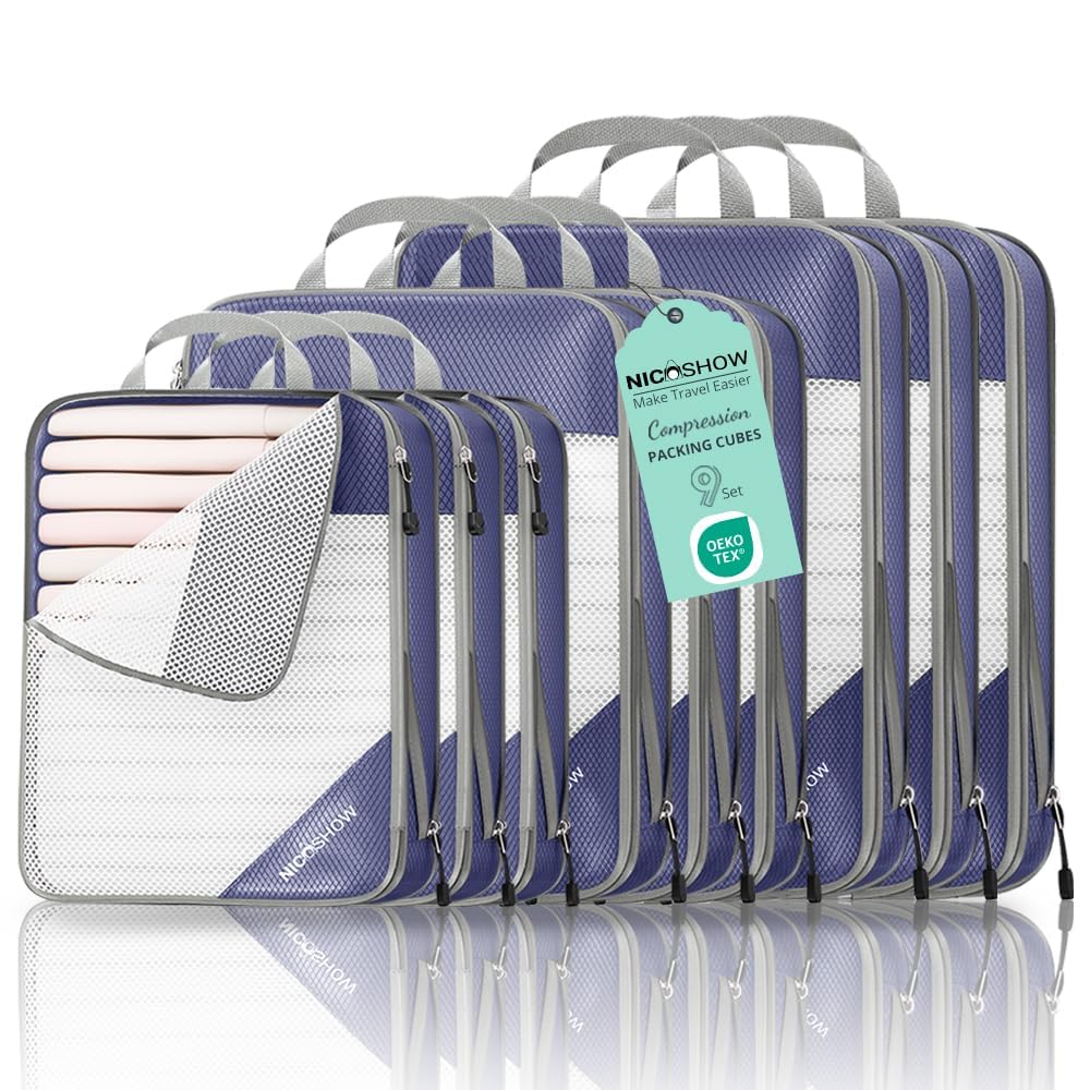 NICOSHOW 6 Set Compression Packing Cubes for Travel - Compressible, Lightweight, and Space-Saving Packing Cubes, Travel Essentials for Women, Grey
