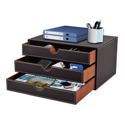 PU Leather Desk Organizer with 3 Drawers,Executive Office Supplies Desktop Filing A4 File Cabinet/Holder for Jewelry/Bill/Paper/Documents/Makeup Home Decor Stationery Storage Box,Brown