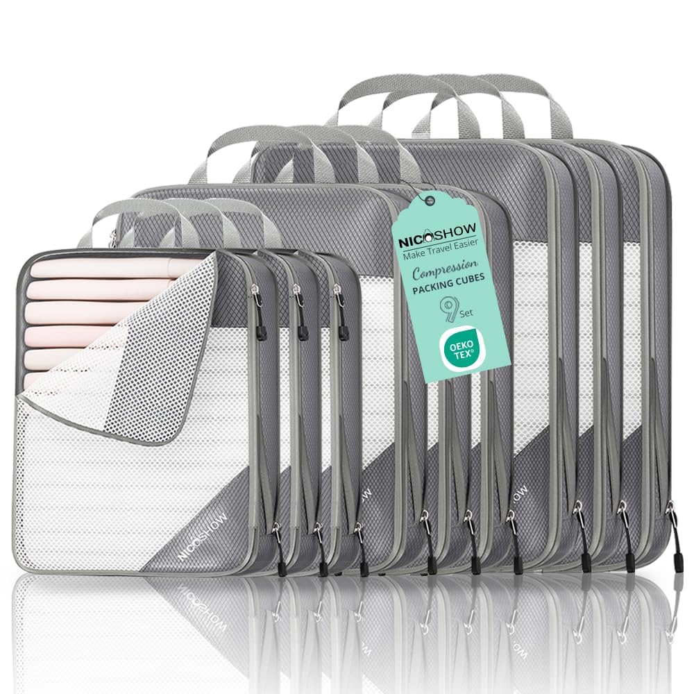 NICOSHOW 6 Set Compression Packing Cubes for Travel - Compressible, Lightweight, and Space-Saving Packing Cubes, Travel Essentials for Women, Grey