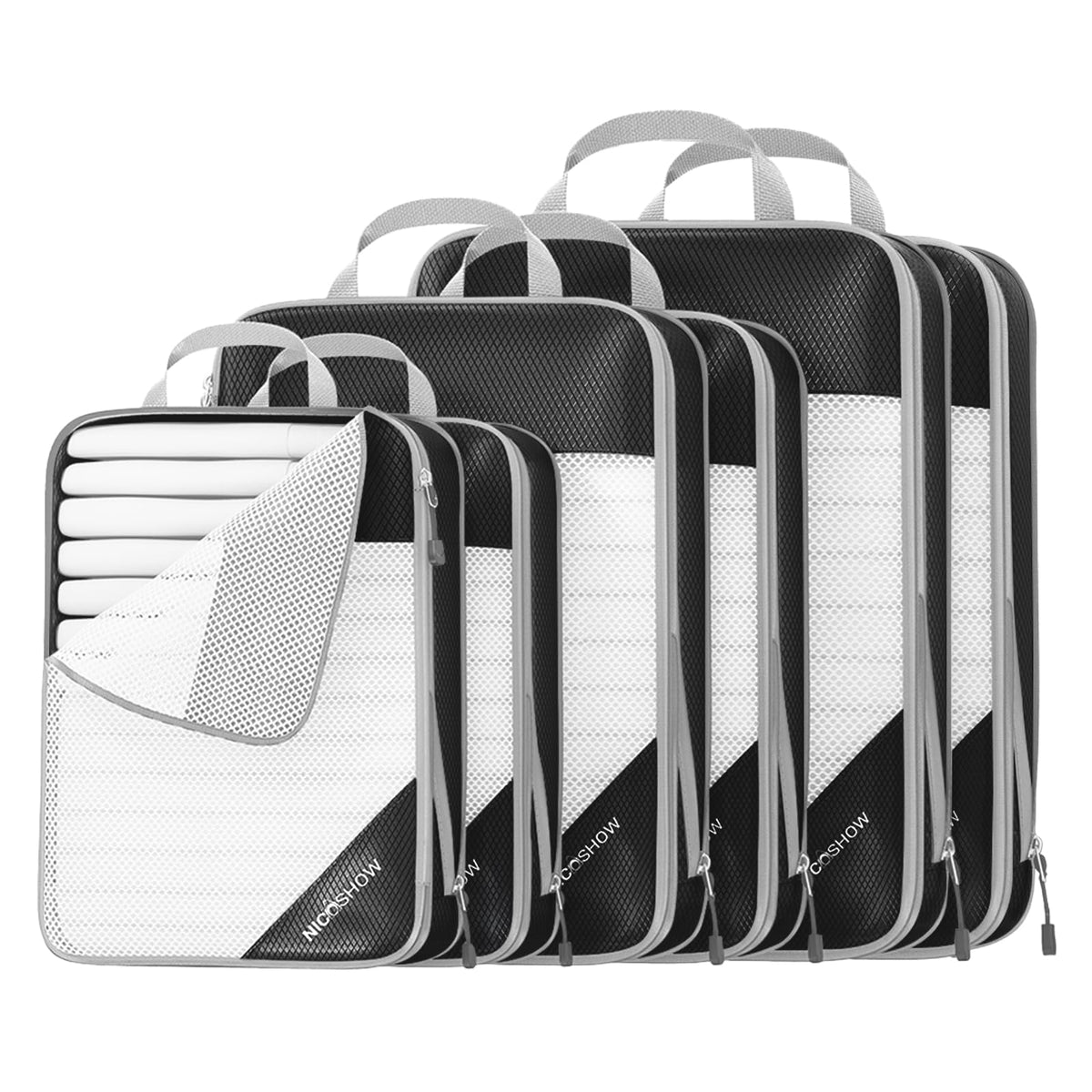 NICOSHOW 6 Set Compression Packing Cubes for Travel - Compressible, Lightweight, and Space-Saving Packing Cubes, Travel Essentials for Women, Grey