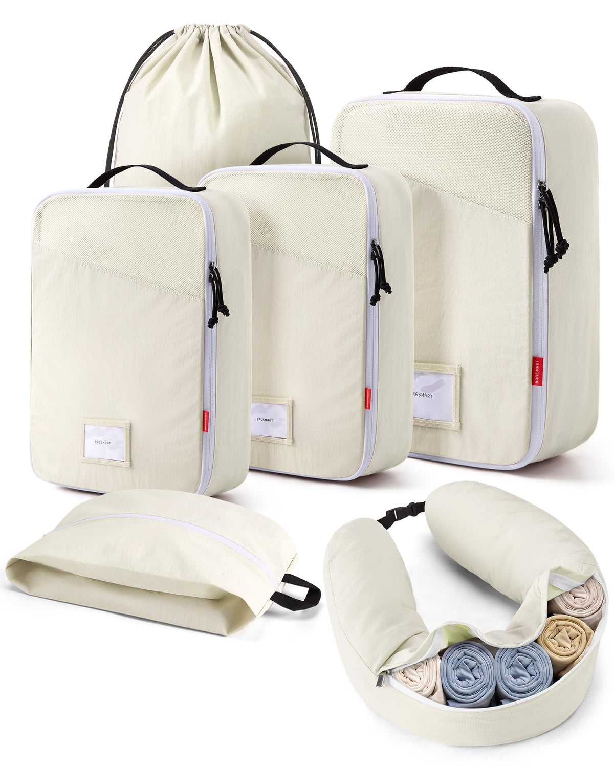 BAGSMART 6 Set Packing Cubes for Travel with Fillable Neck Pillow, Shoe Bag