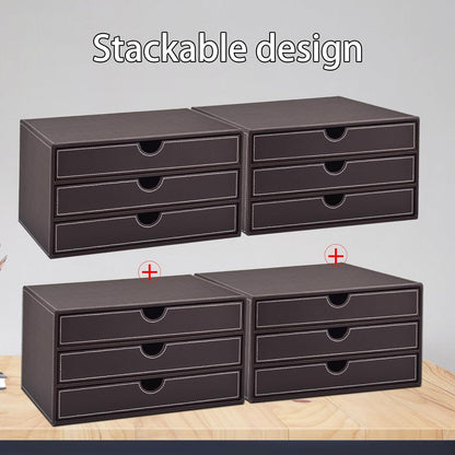 PU Leather Desk Organizer with 3 Drawers,Executive Office Supplies Desktop Filing A4 File Cabinet/Holder for Jewelry/Bill/Paper/Documents/Makeup Home Decor Stationery Storage Box,Brown