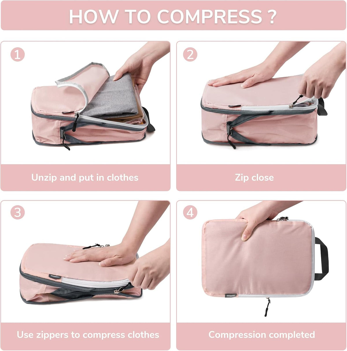 CherryNow 7 Set Compression Travel Packing Cubes, Travel Essentials, Pink