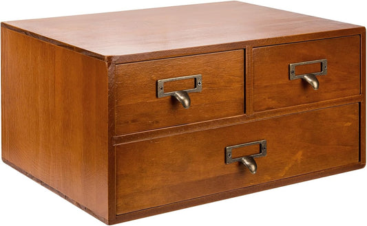 Modular Stackable Desktop Apothecary Cabinet with 3 Drawers - Solid Wood Medicine Cabinet for Tabletop - Card Catalog Drawers with Label Holders - Desktop Chest Drawer for Storage and Organization
