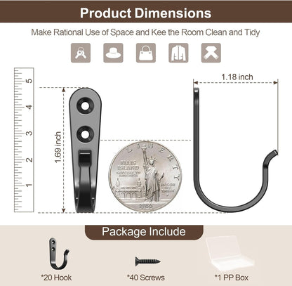 BREYDROK 20Pack Towel Hooks for Bathroom, Heavy Duty Black Metal Wall Hooks