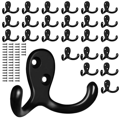CBWLWJ 10 Pack Coat Hooks Wall Hooks for Hanging, Heavy Duty Double Prong Metal Hook Wall Mounted for Living Room, Bathroom, Kitchen, Bedroom for Coat, Bag, Scarf, Towel, Hat, Key, Cup (Black)