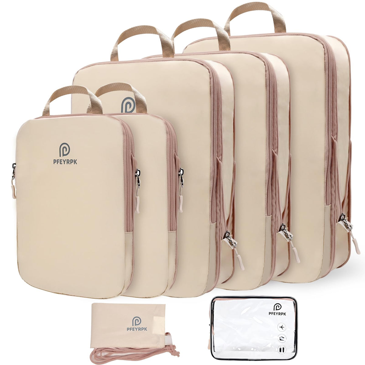 PFEYRPK Lightweight Compression Packing Cubes for Suitcases, Compressible Expandable Travel Packing Organizer with Clear Toiletries and Backpack Bag, Travel Essentials for Carry on Luggage 7 Set
