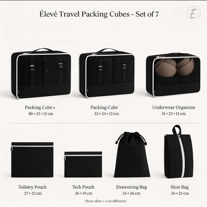 7Pc Packing Cubes for Travel & Storage, Zipper & Drawstring Bags Set, Black