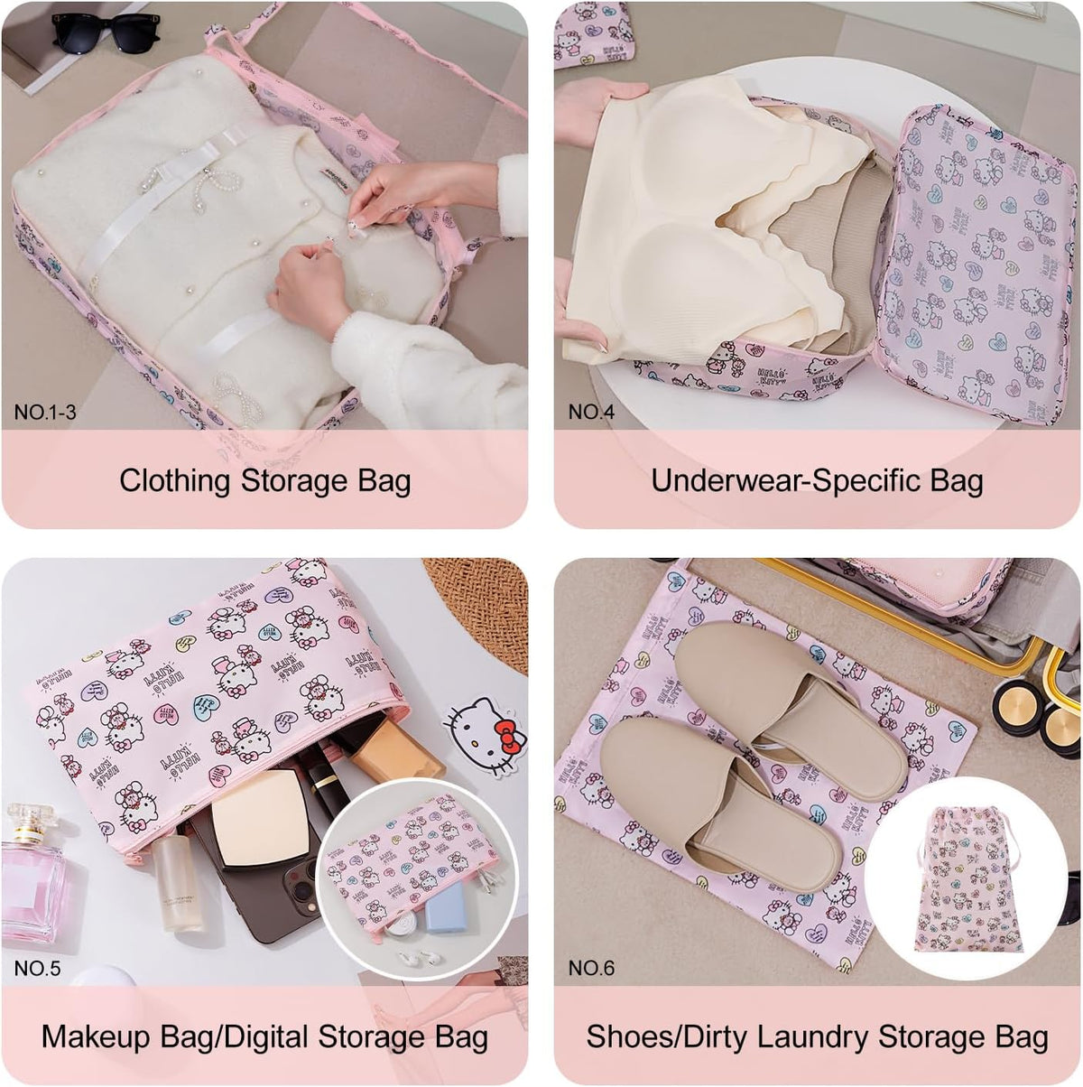 AmBealla 6 Set Travel Organizer,Packing Cubes for Travel Luggage Organizer Bags,Waterproof Pink Twill,Cute Packing Organizers for Business/Vacation,Women's Clothes Storage