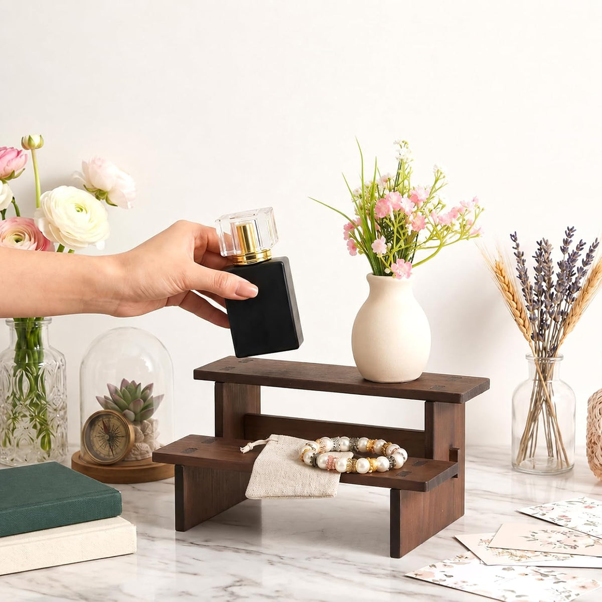 QfwdfcTrenz Wooden Countertop Shelf Organizer 2 Tier Wooden Shelf 6.4x4.69x3.9 Inch Small Organizer Dessert Stand Risers Fragrance Stand Wood Trinket Riser for Cosmetics Figure Collection