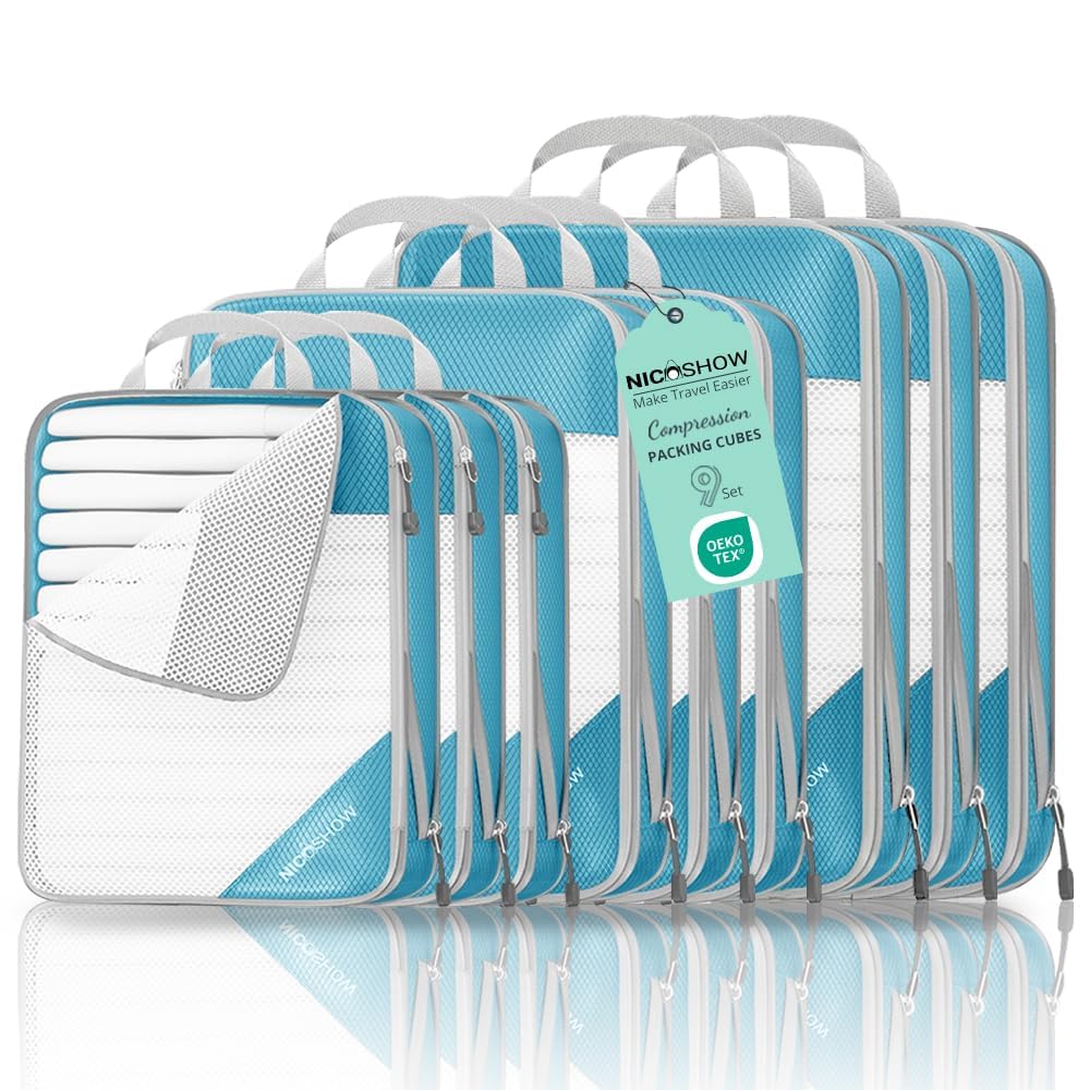 NICOSHOW 6 Set Compression Packing Cubes for Travel - Compressible, Lightweight, and Space-Saving Packing Cubes, Travel Essentials for Women, Grey