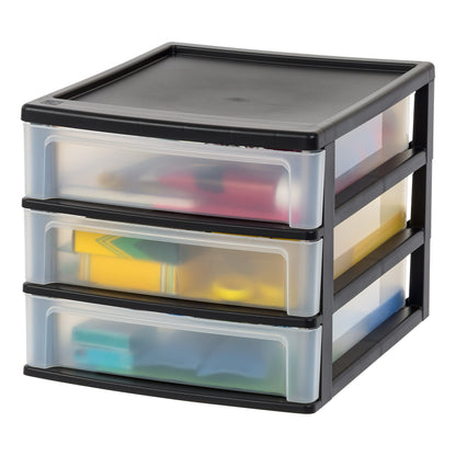 IRIS USA 2-Pack, 3-Drawer Small Plastic Stacking Desktop Organizer, Black