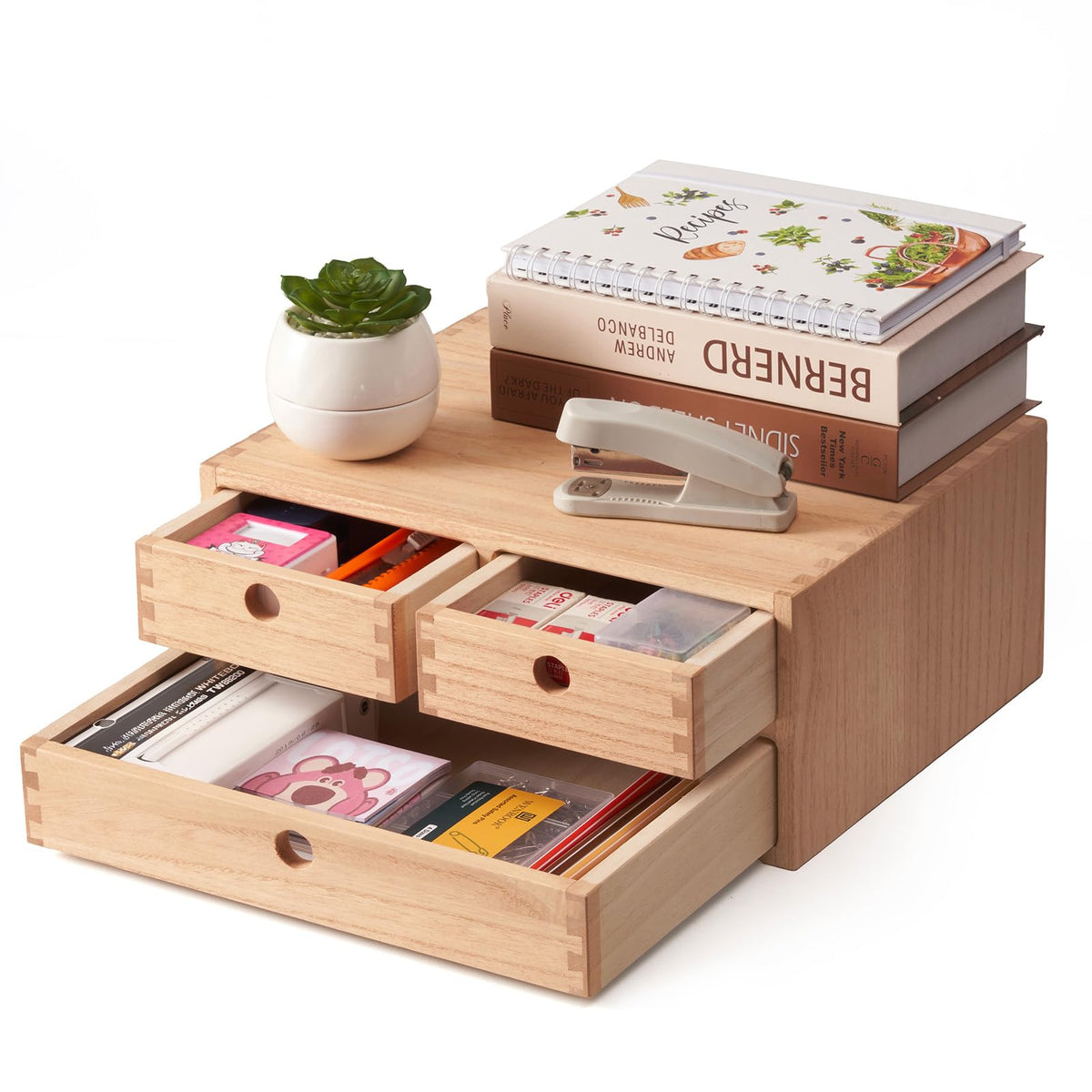 KIRIGEN Solid Wood Desk Organizer with 2 Drawers, Desktop Storage, Brown