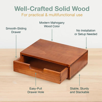Single Drawer Desktop Storage Organizer in a Modern Wood Design (9.8”x6.9”x 2.8”) Wooden Stackable Drawer Unit - Single Monitor Riser (1-Pack)