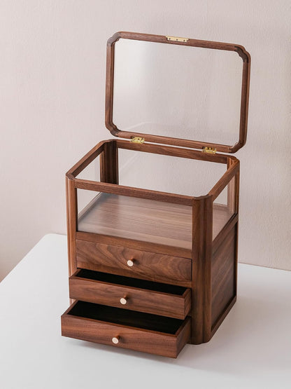 Walnut Wood & Glass Storage Cabinets Desktop Organizers Countertop with Drawers (SYJ-SCWD03)