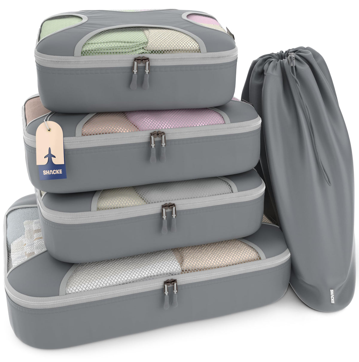 Shacke 5 Set Packing Cubes for Travel with Laundry Bag (Pure Black)