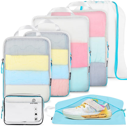 PFEYRPK Lightweight Compression Packing Cubes for Suitcases, Compressible Expandable Travel Packing Organizer with Clear Toiletries and Backpack Bag, Travel Essentials for Carry on Luggage 7 Set