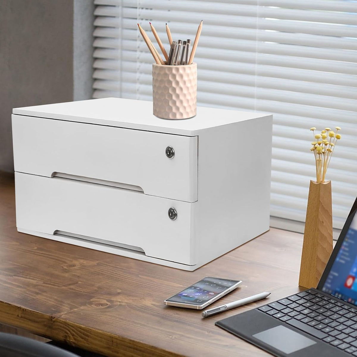 Wooden Desktop Storage Box with Lockable Drawers,2 Drawer Desktop Organizer Cabinet,Flat File Cabinet,Countertop Storage Cabinet for Office Home Toiletries Supplies Vanity (White 2 locks)