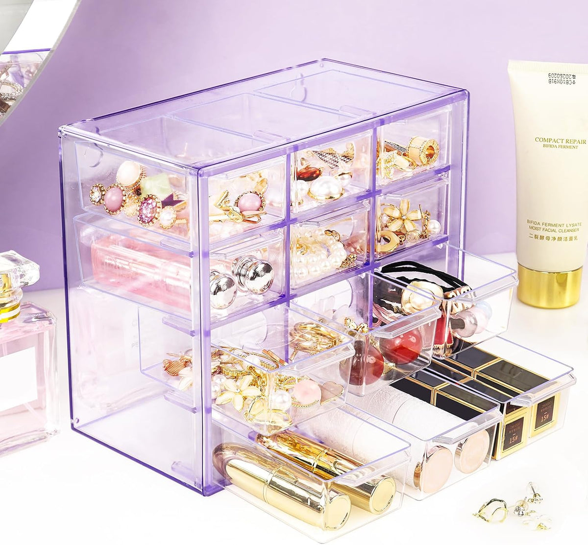 Desk Storage Organizer with 12 Mini Drawers, Stackable, Purple