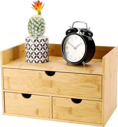 Charmewooden Bamboo Desk Organizer with 3 Drawers, Countertop Organizer with Drawers Makeup Storage Drawer 3 Drawer Tabletop Storage Organization Box Home Office Workspace（White）